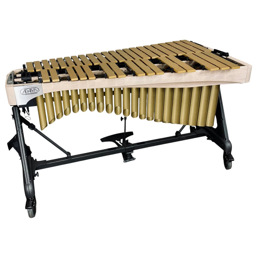 Adams Alpha Apex 3.5 vibraphone with gold bars and gold resonators on a black Apex frame