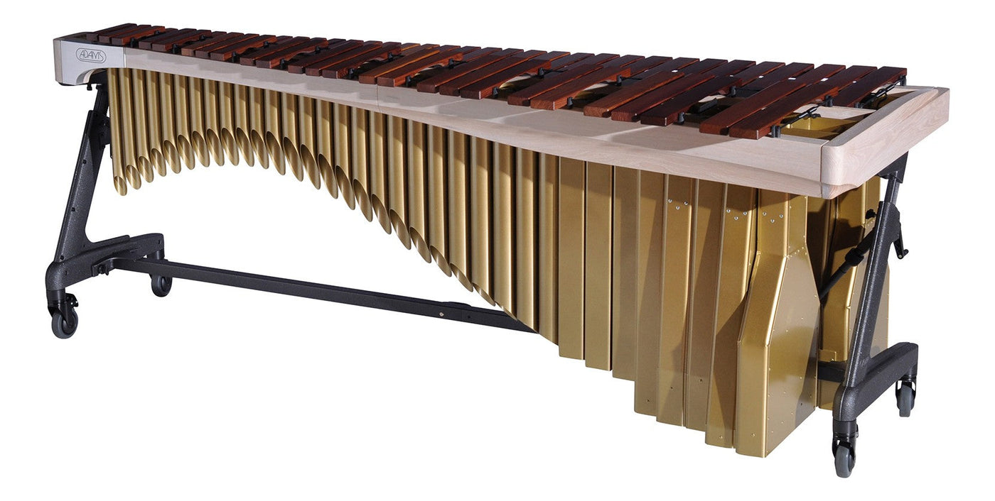 Adams Alpha Apex 5.0 marimba with rosewood bars and gold resonators on a folding Voyager frame