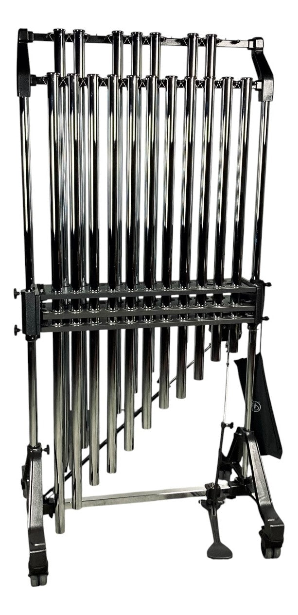 Adams Symphonic tubular chimes, 1.5 octave C4 to F5, chrome tubes on a rolling rack with damper pedal