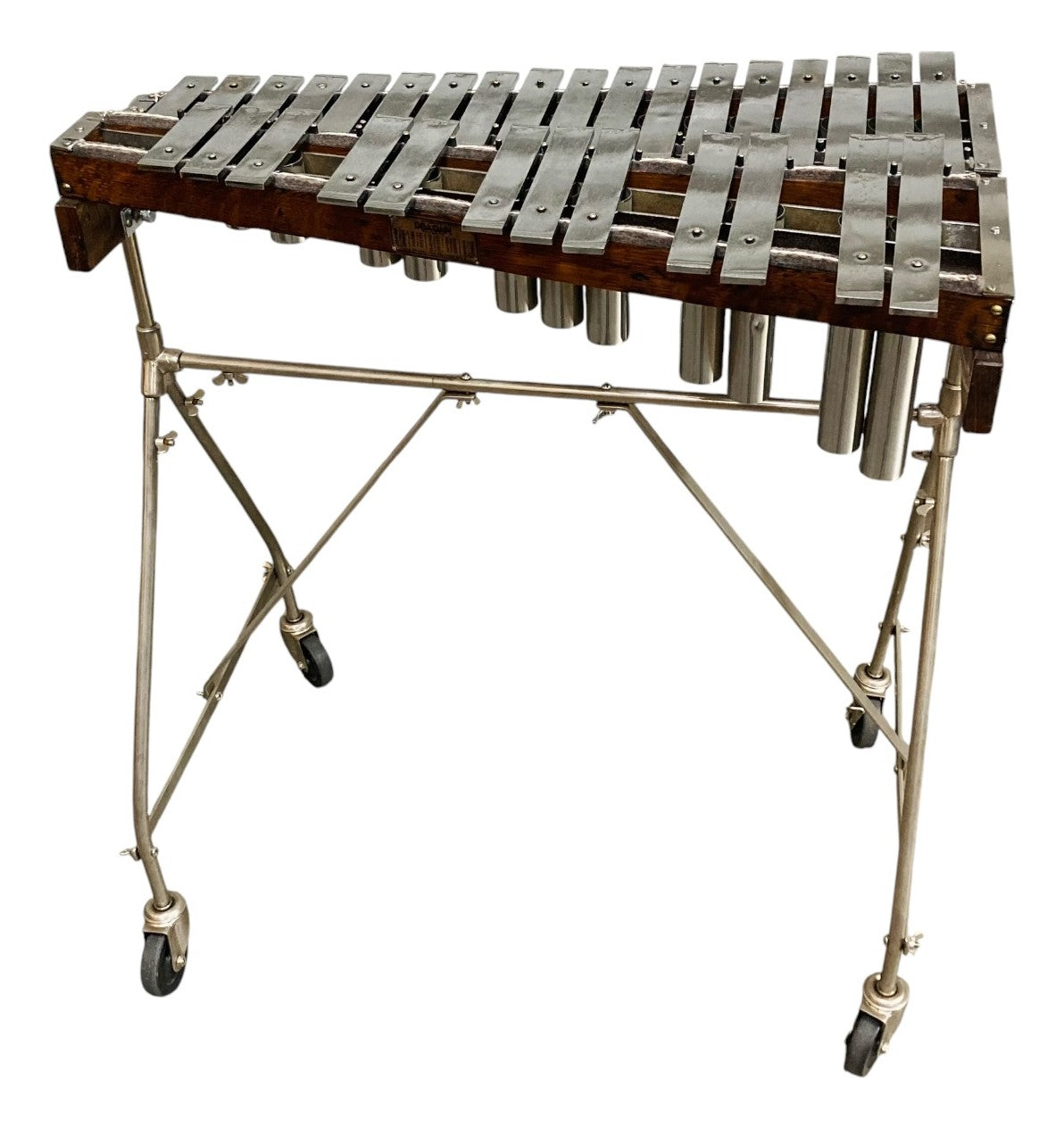 Deagan song bells, silver-toned bars on a vintage wood frame with resonators and rolling stand