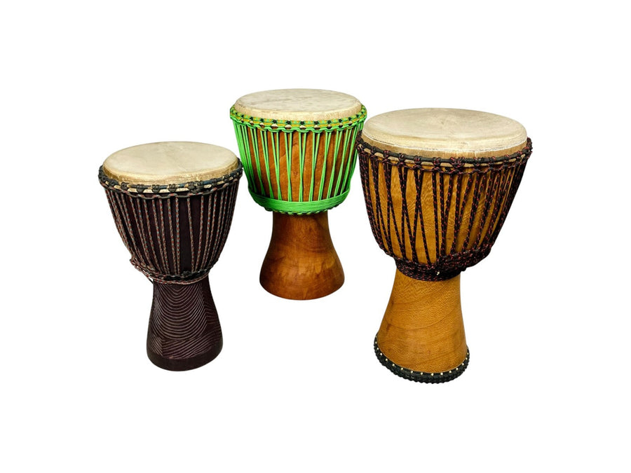 Three authentic West African djembes with goatskin heads, rope tuning, and hand-carved hardwood shells
