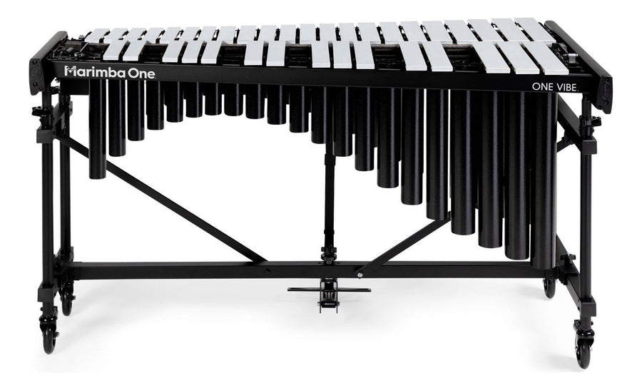 Marimba One One Vibe three-octave vibraphone, silver aluminum bars with black resonators on a folding frame