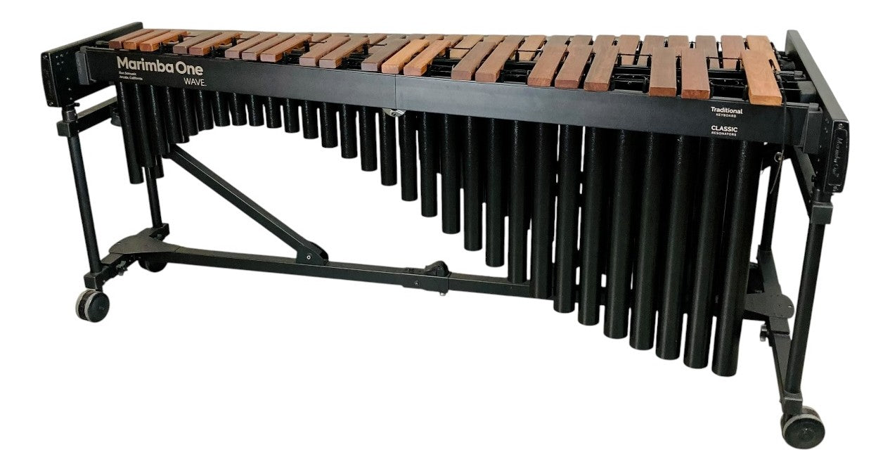 Marimba One WAVE 4.3 octave rosewood marimba, A to C, graduated rosewood bars with black resonators on a height-adjustable frame
