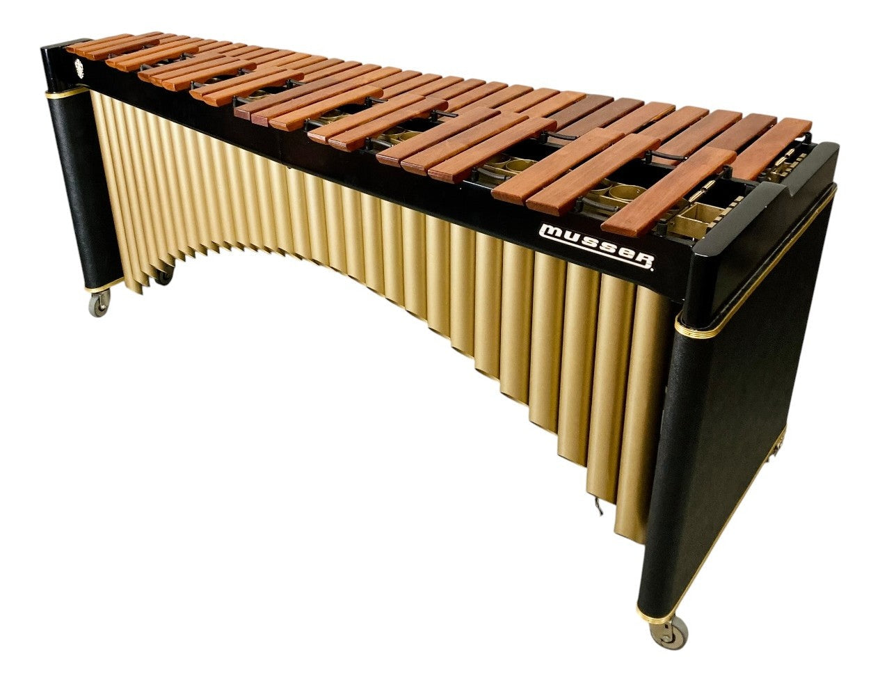 Musser M250 marimba, 4.3 octave A to C, graduated rosewood bars with gold resonators on a black frame