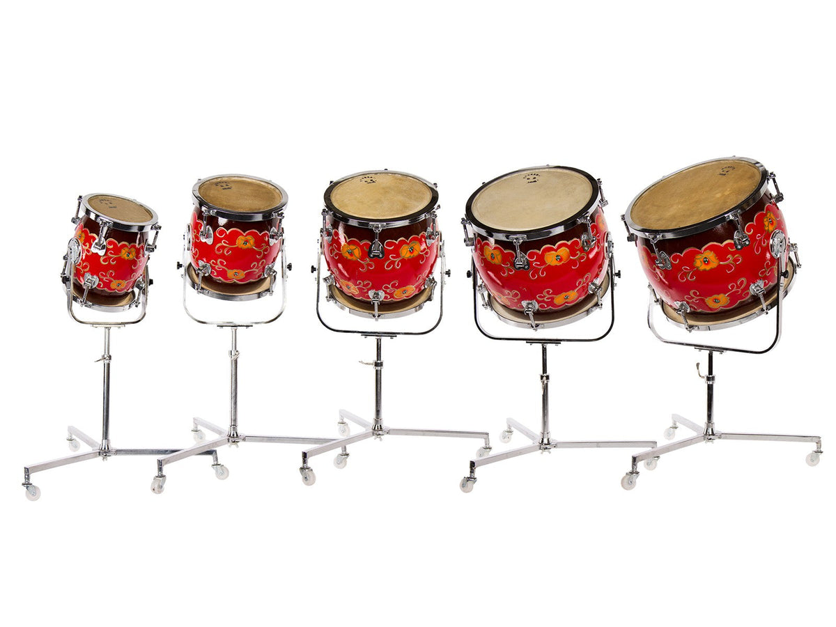 Full set of five Chinese tom toms (paigu) in graduated sizes 7 to 15 inch, each on its own rolling stand, hand-painted red shells with floral panels