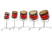 Full set of five Chinese tom toms (paigu) in graduated sizes 7 to 15 inch, each on its own rolling stand, hand-painted red shells with floral panels