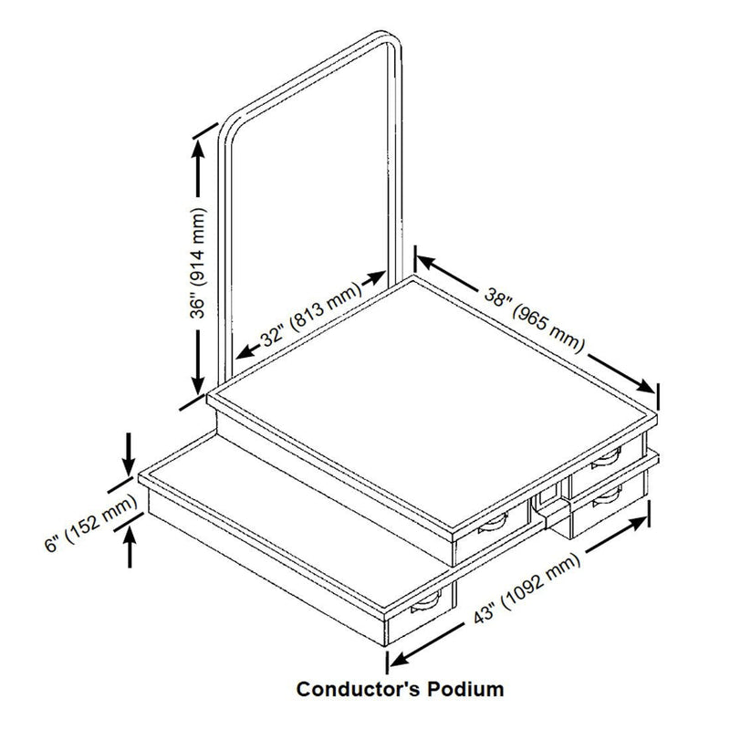 Conductor's podium dimensions: 38 by 43 inches, 6 inch height, 36 inch rail