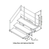 3-step choral riser dimensions: 72" wide, 18" deep steps, 8" rise, 42" and 66-1/2" rail heights