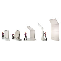 Wenger acoustical shell setup sequence — one person unfolds a tower in five steps