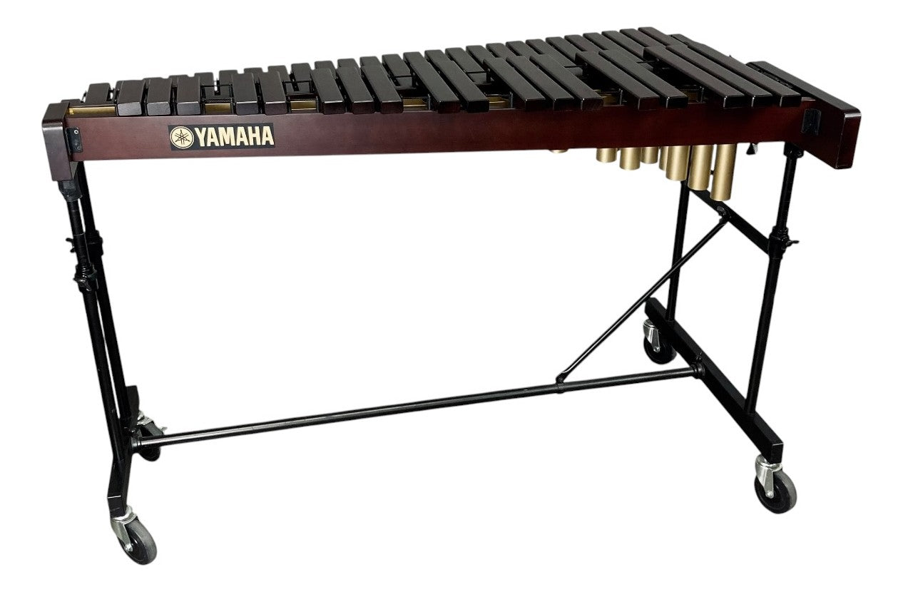 Yamaha rosewood xylophone, 3.5 octave F4 to C8, dark rosewood bars on a mahogany frame with gold resonators and rolling stand