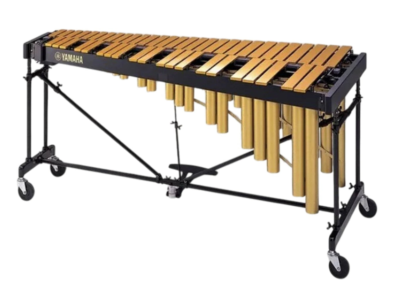 Yamaha 4.0 octave concert vibraphone with gold bars and gold resonators on a black height-adjustable frame with casters