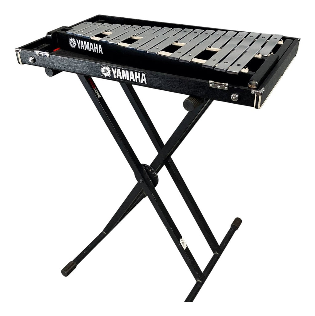 Yamaha YG-1210 glockenspiel, 2.5 octave concert bells with steel bars in a black case on an X-frame stand