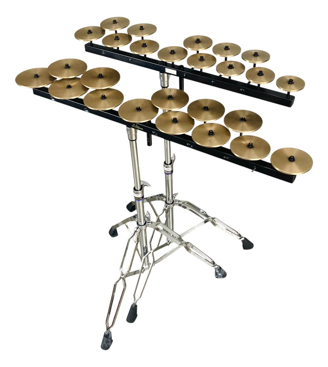 Zildjian crotales, two octaves of tuned bronze discs on two-tier racks with stands
