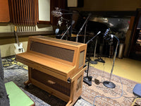 Schiedmayer Compact Celesta set up for a session in a recording studio, ribbon and condenser microphones positioned around it