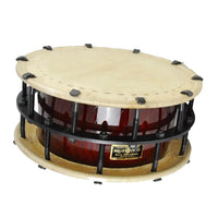 Bolt-tuned shime taiko with lacquered red shell and rawhide heads, shown in playing orientation
