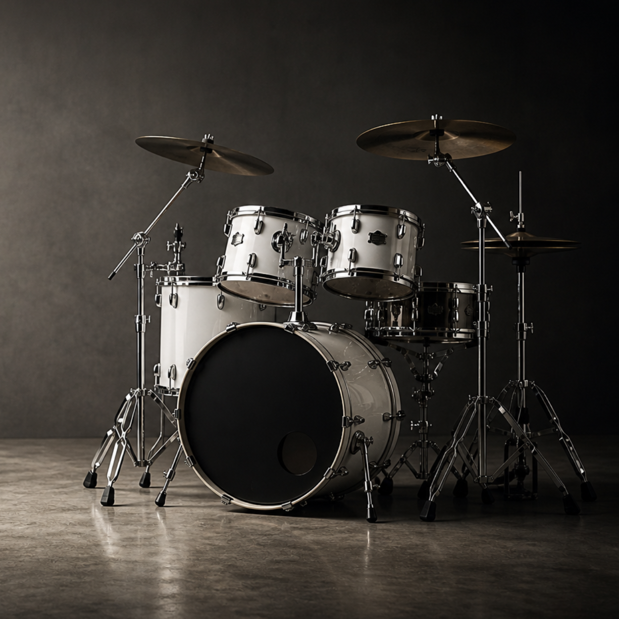 White drum kit with cymbals on a dark studio stage.