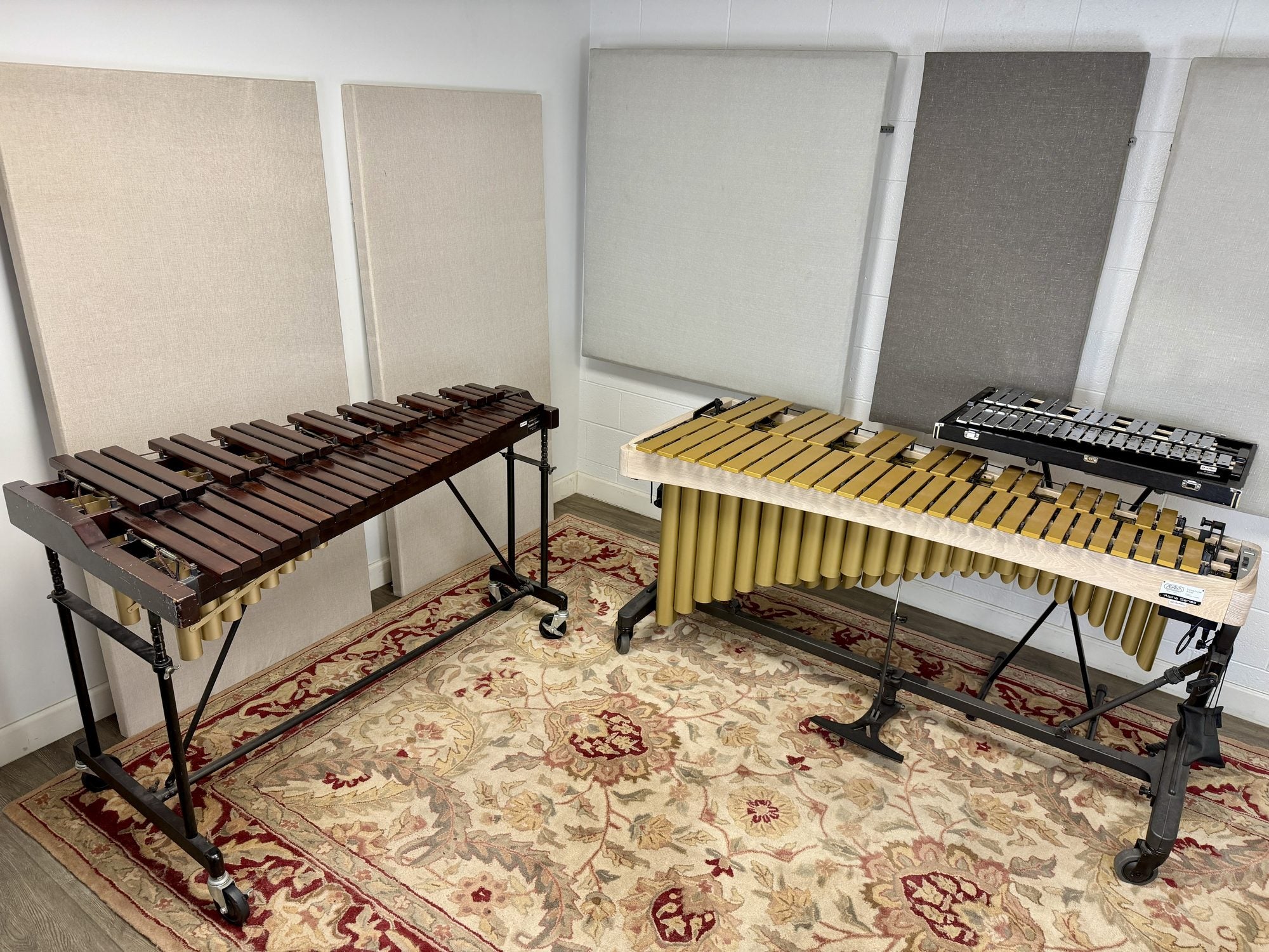 Cal Perc LA Practice Room 2 with a rosewood xylophone, gold-bar Adams vibraphone, and glockenspiel on acoustic-panelled walls