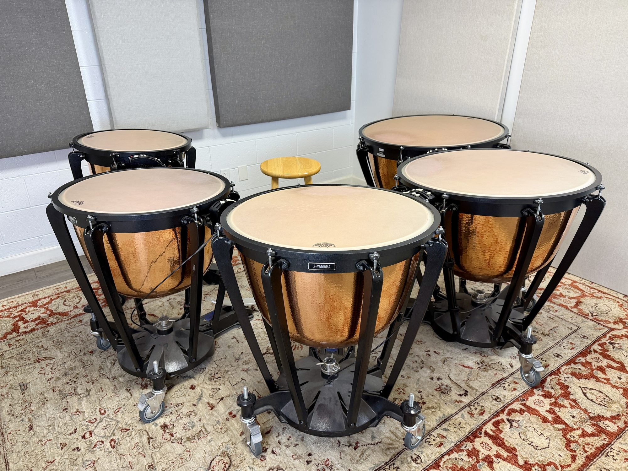 Cal Perc LA Practice Room 3 with a set of five hammered-copper Yamaha timpani on an acoustic-panelled wall