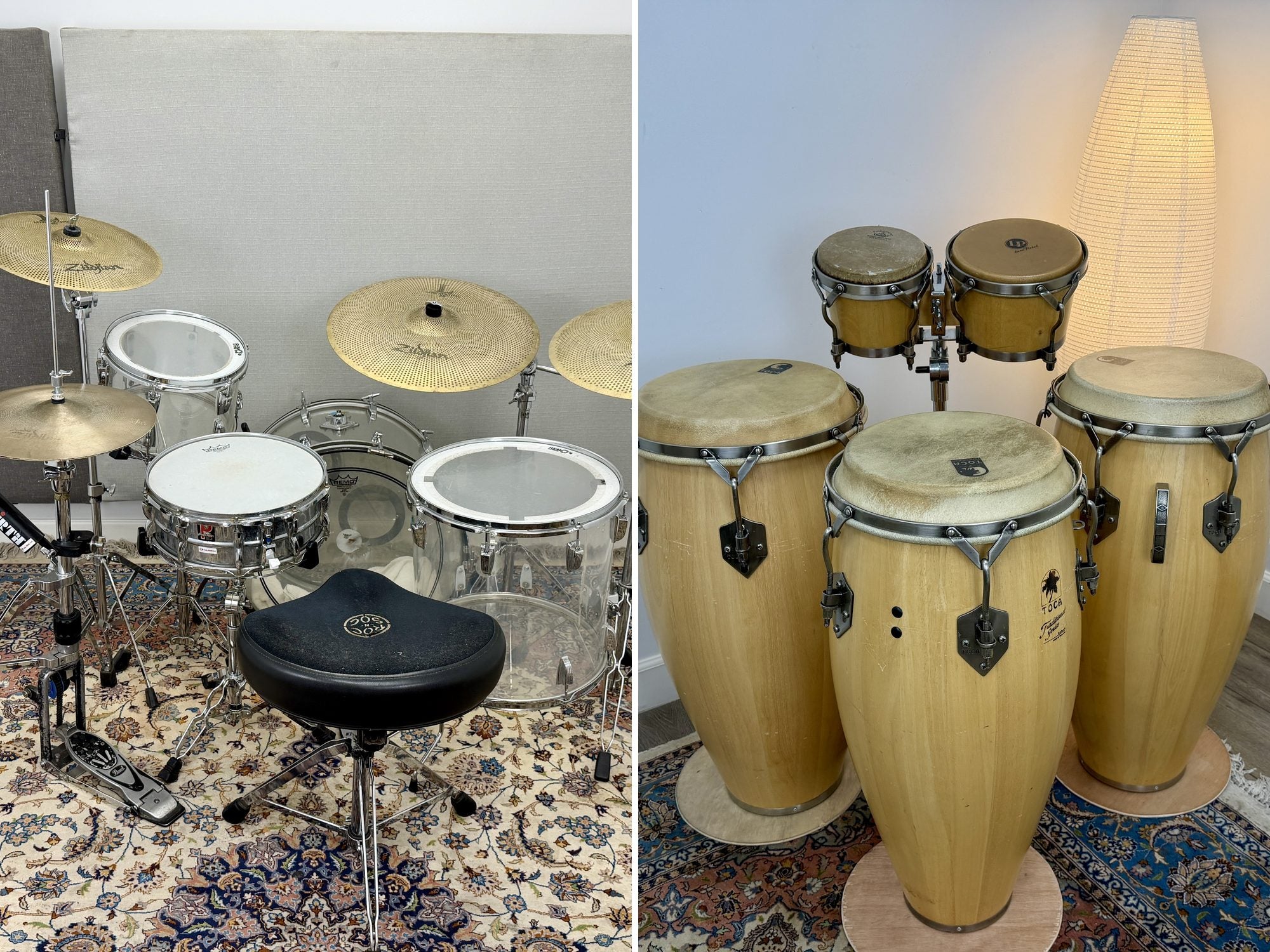 Cal Perc LA Practice Room 4 — a Ludwig Vistalite acrylic drum set alongside Toca conga drums and LP bongos