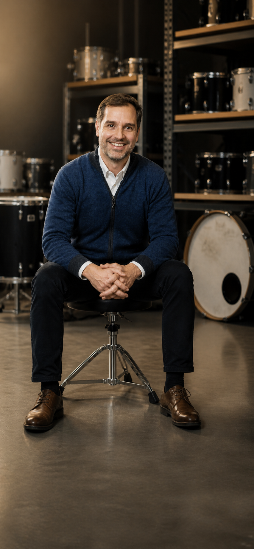Trey, founder of California Percussion Rental, in the warehouse.